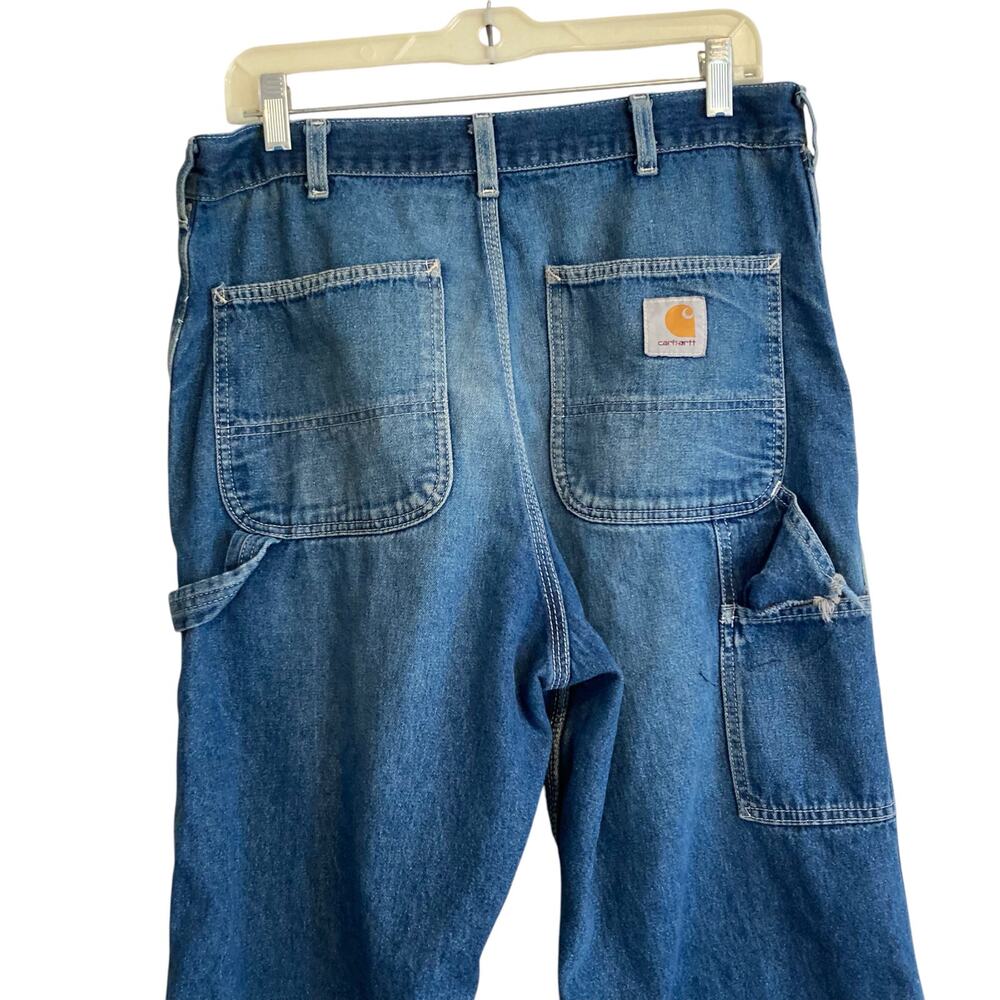 Vintage 90s Y2K Carhartt Distressed Feathered Faded Denim Blue Jeans Size 34x34 - Picture 6 of 14